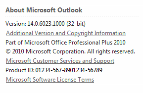 About section of the help dialog of Outlook 2010.