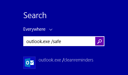 Starting Outlook in Safe Mode via the Start Screen in Windows 8.