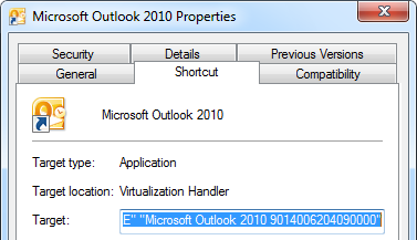 Shortcut properties for Outlook Click-to-Run.