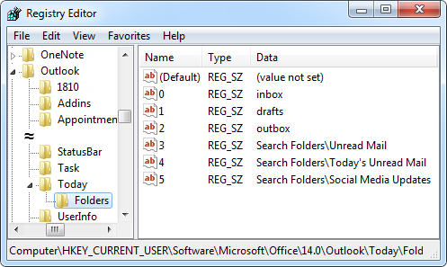 Adding Search Folders to Outlook Today can only be done via the Registry.