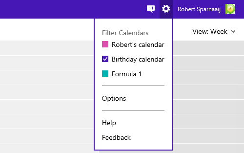 Select or deselect Calendars to mimic folder switching in Outlook.com.
