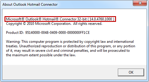 Outlook Hotmail Connector version dialog box
