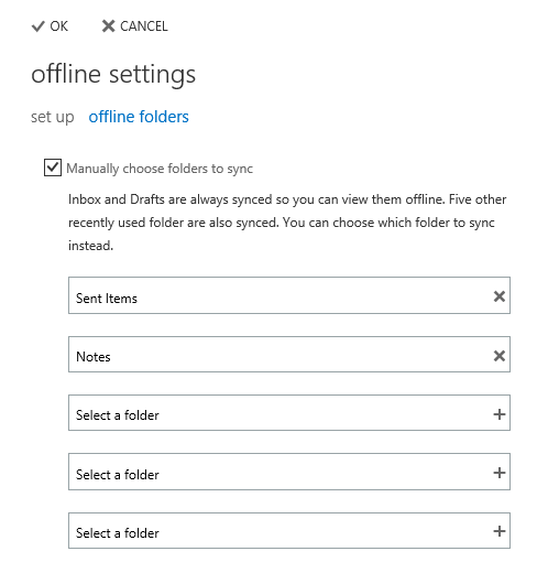 You can configure up to 5 folders to sync for offline access in OWA 2013.