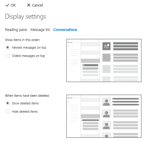 Conversations settings in the Options page of Outlook on the Web (Office 365 Exchange Online).