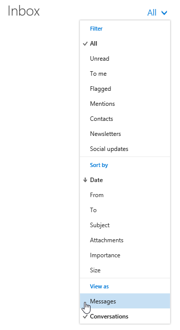 Disabling Conversation View in Outlook on the Web (Office 365 Exchange Online).
