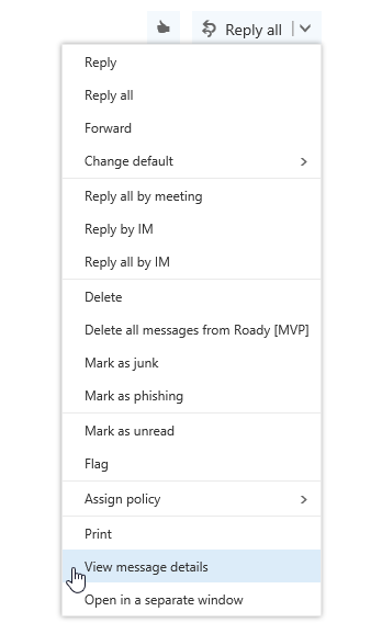 View Message Details command in Outlook on the Web of Office 365.