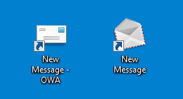 Desktop shortcuts to create a new message in OWA. On the left is the SHELL32.DLL envelope icon and on the right the EXPLORER.EXE envelope icon.