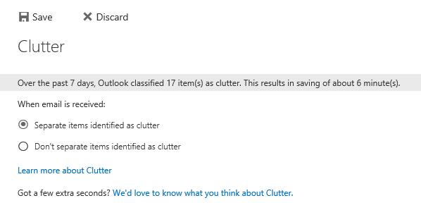 Clutter Options Page in Outlook Web App of Office 365 Exchange Online