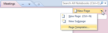 Accessing the Page Templates option in OneNote 2010