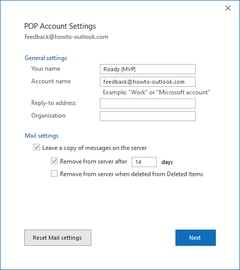 POP Account Settings Outlook for Office 365