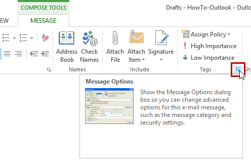 Message Options - Expand the Tags Ribbon Group