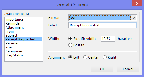 Format Columns - Setting the display of the Receipt Requested column to an icon.
