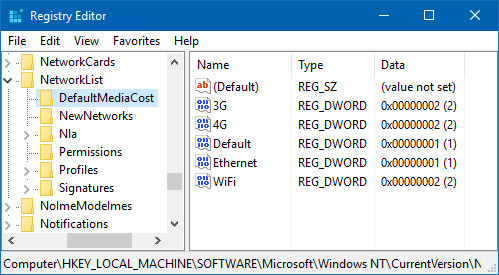 Default costs set in the Registry for each network connection method.