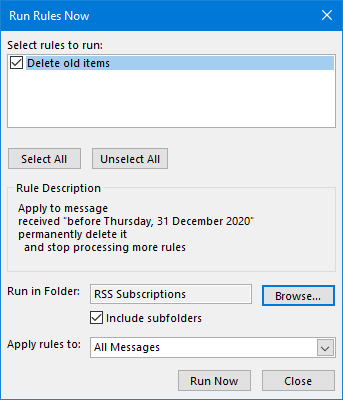 Run Rules Now - Delete old items