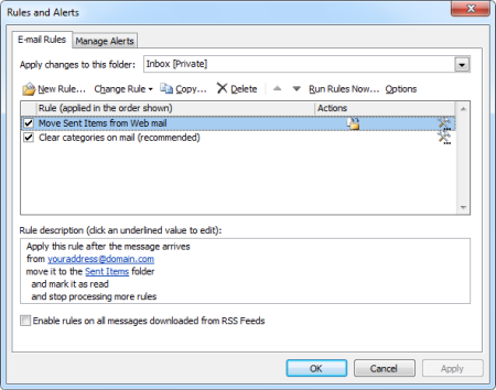 The "Move Sent Items from Web mail" rule configured in Outlook (click on image to enlarge)