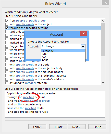 Rules Wizard - After selecting the “through the specified account” condition, click on the “specified” link in the bottom section to bring up the account selection dialog.