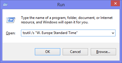 Changing the time zone via tzutil in a Run command.
