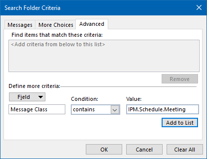 Add Search Folder criteria to find all Meeting messages.