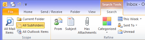 Outlook 2010 added the much requested "All subfolders" option to Instant Search.