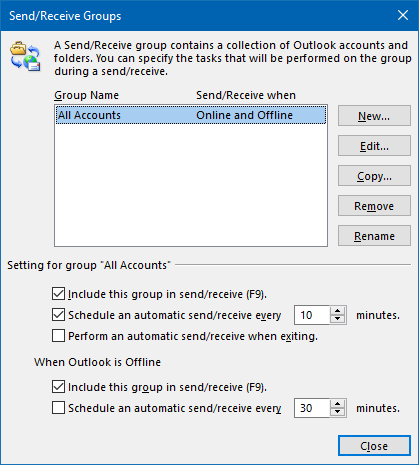 Send/Receive Groups - Schedule an automatic send/receive every 10 minutes.