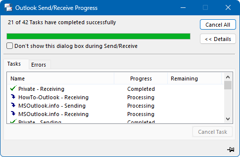 Outlook Send/Receive Progress dialog with a backlog of 21 tasks.
