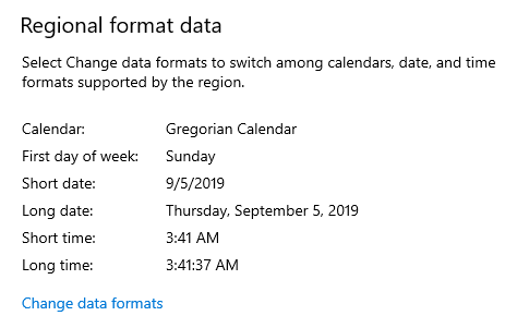 Time and date format configuration in Windows 10.