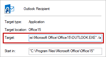 Creating a custom shortcut with the command line to create a new Outlook e-mail with the current files as an attachment. (click on the image to view the entire dialog window)