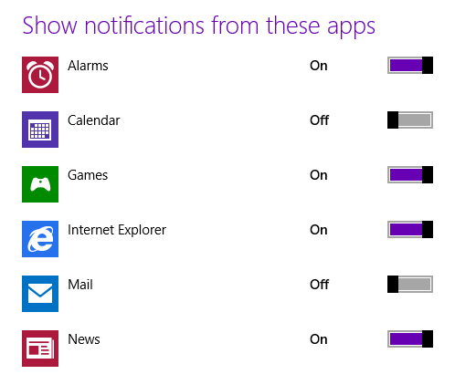 Show notifications from these apps - Mail and Calendar turned off