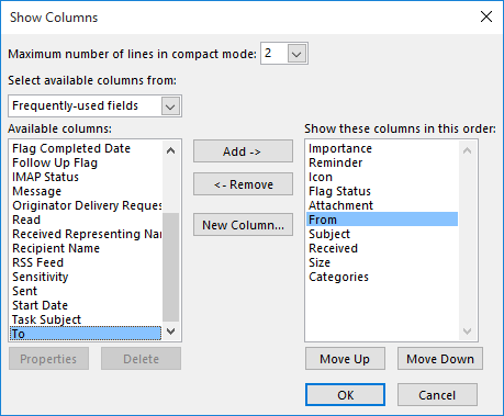 Show Columns dialog - add/remove the To and From column