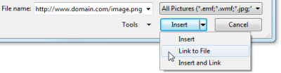 Use "Link to File" to insert an Internet image in Outlook 2007 and Outlook 2010 (click on image to enlarge)