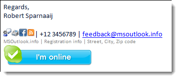 Example of a signature with social media links and Skype status indicator.