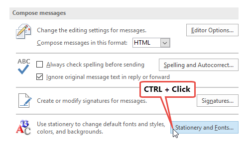 Hold CTRL when clicking on the "Stationery and Fonts" button to open the Stationery folder.