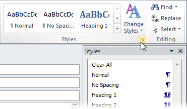 Opening the Styles dialog in Outlook 2010.