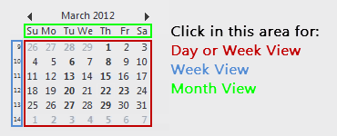 Clicking in a specific area of the Date Navigator will determine if it will take you to the Day, Week or Month view.
