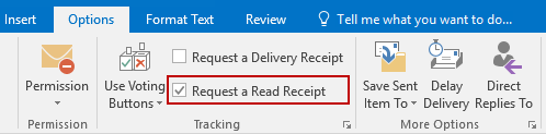 Requesting a Read Receipt for a message can be done on the Options tab.