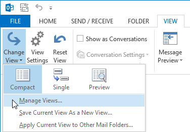 Opening the Manage All Views dialog in Outlook 2013.
