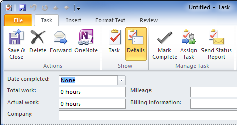On the Details tab of a Task item, you can set additional info such as work time spent, mileage, billing information and the company.
