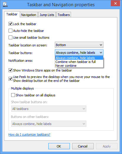 For a clean Taskbar, set the buttons option to: Always combine, hide labels.
