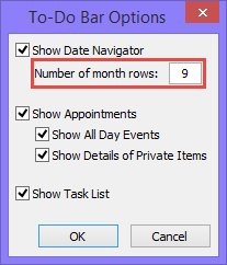 To-Do Bar options in Outlook 2010 - Number of month rows for Date Navigator