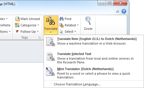 The Translate menu can be found on the Ribbon for a message which has been opened in its own window. Once enabled, the Mini Translator will remain active.