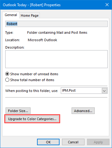 Build the Master Category List by using the Upgrade to Color Categories button if Outlook didn’t do it automatically.