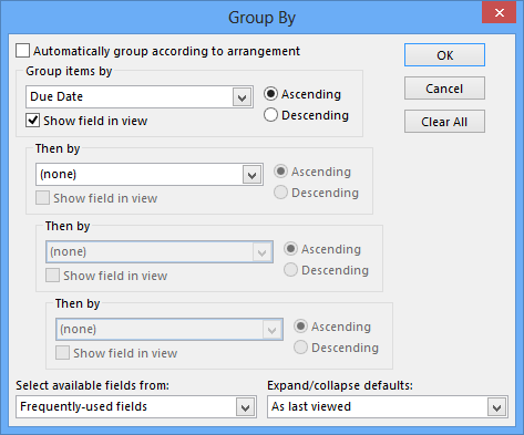 Tasks Folder - View Settings - Group By - Due Date