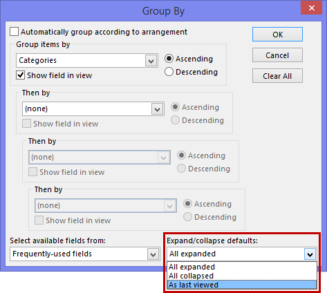 Changing the Expand/collapse defaults for the Group By function. The options are: All expanded, All collapsed and As last viewed.