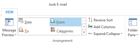 Arrange the Junk E-mail Folder by the From field to quickly identify and move all emails from a valid sender.