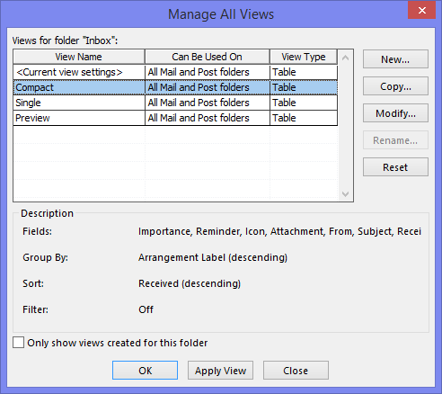 Use the Manage All Views dialog to modify the default Compact View that is being used for all new folders.