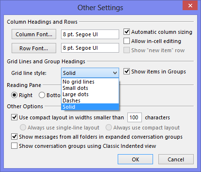 Setting a grid style in Outlook 2013