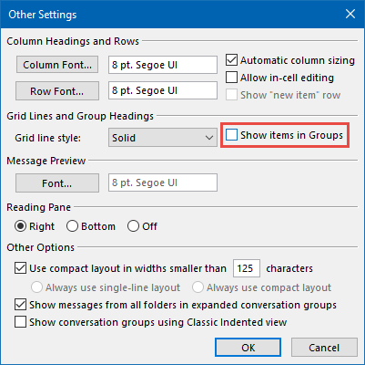 Disabling “Show items in Groups” via the View settings.