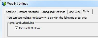 Without Outlook being enabled in the WebEx Settings, the WebEx add-in will not be available in Outlook.
