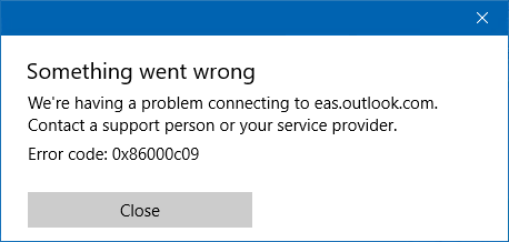 EAS sync error 0x86000c09 in the Windows 10 Mail app.