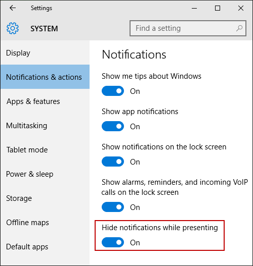 Hide notifications while presenting - Windows Settings App